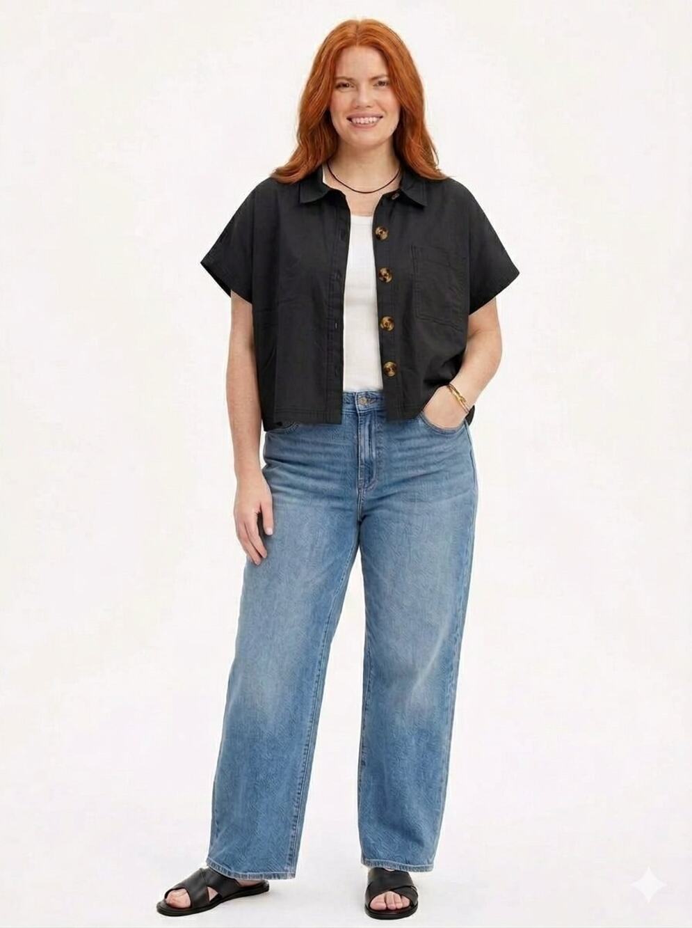A New Day Boxy Cropped Short Sleeve Utility Camp Shirt Top Black Size [X]